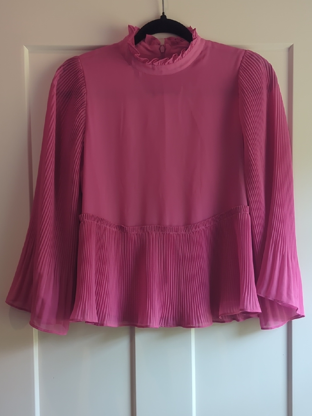 Ann Taylor Fuchsia Ruffled Neck Pleated Peplum Blouse